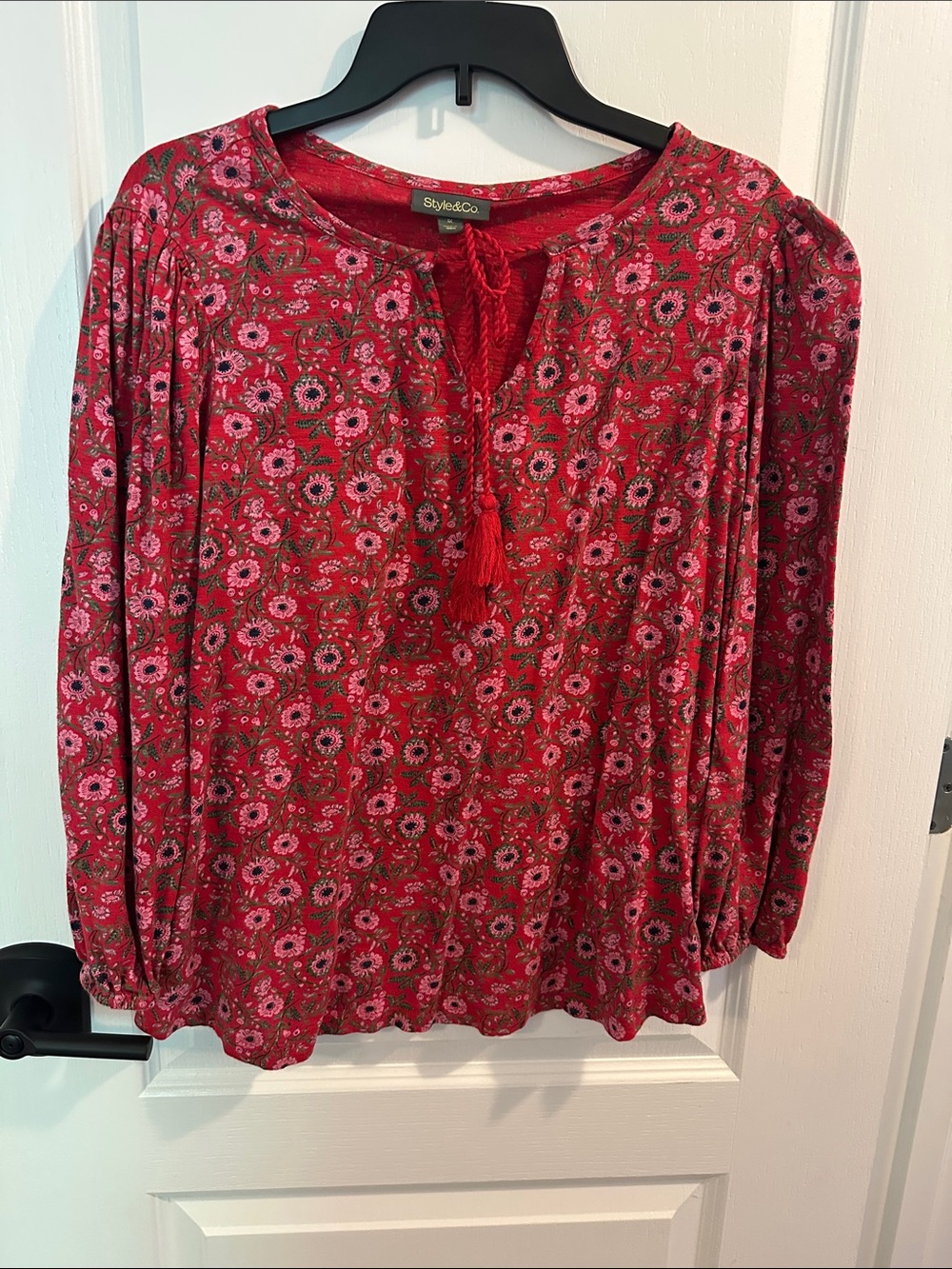 Style & Co. Red Floral Tie-Neck Peasant Blouse